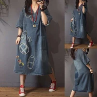 denim dress lady patchwork v neck dress for women 2020 chinese vintage style lady personality loose dress