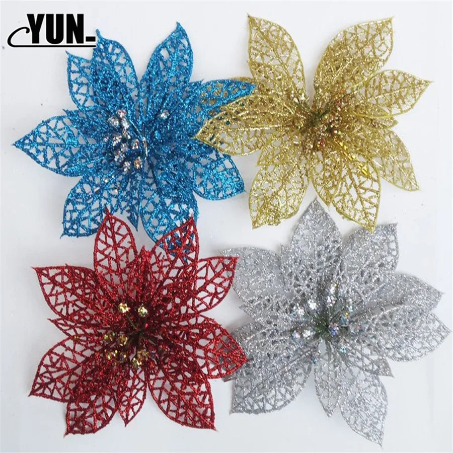 Украшения для елки блестящие искусственные цветы к Рождеству 15 см 10 шт.