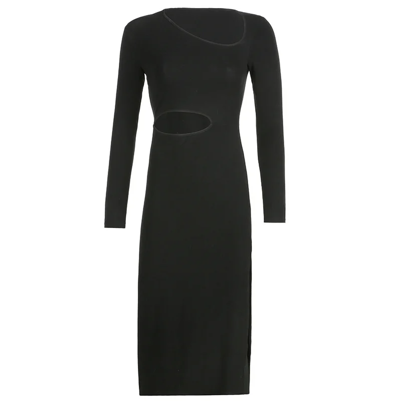 

Solid Hollow Out Midi Dress Knit Sexy Fashion Bodycon Autumn Dresses 2021 Streetwear Long Sleeve O Neck High Split Women Dress