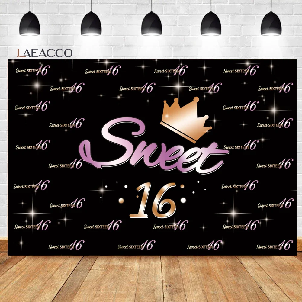 

Laeacco Sweet 16 Birthday Party Decor Pink Crown Photocall Photography Backdrops Baby Customized Poster Portrait Backgrounds