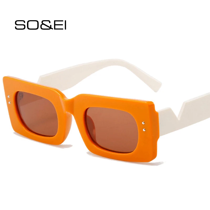 

SO&EI Ins Popular Fashion Rectangle Sunglasses Women Candy Color Shades UV400 Retro Rivets Decoration Men Square Sun Glasses