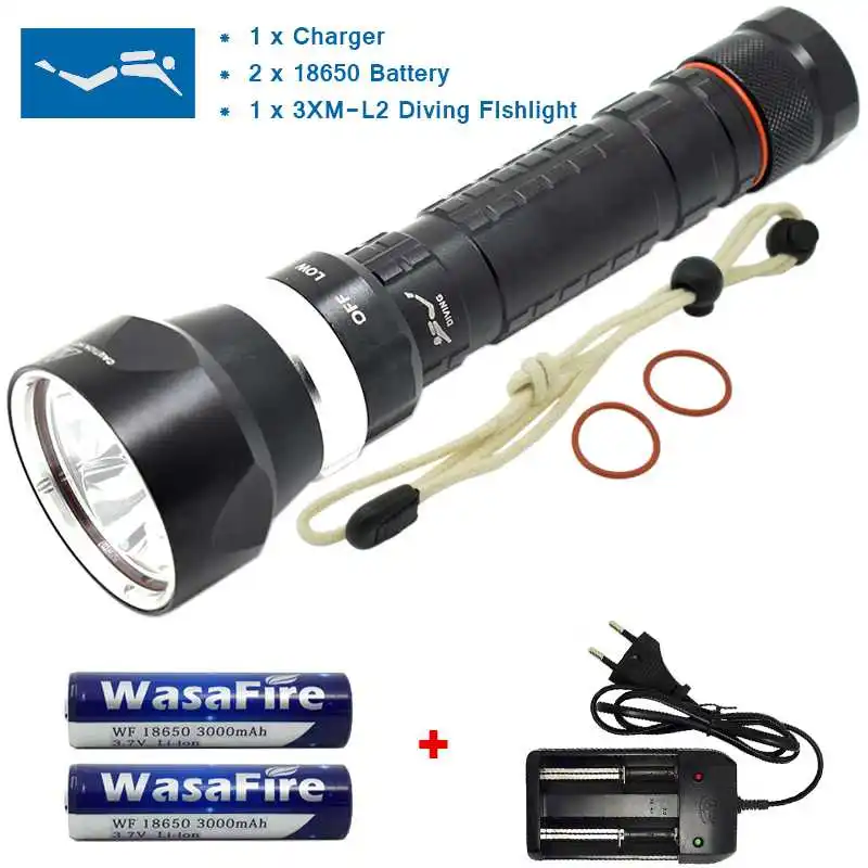 

WasaFire Dive Torch Super Bright 3* XM-L2 LED Diving Flashlight Waterproof 100M Underwater Lanterna Scuba Light for Spearfishing