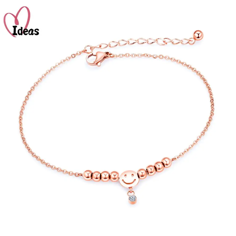 

Stainless Steel Chain Anklets For Women with Cubic Zirconia Beads Smile Face Foot Bracelet Anklet Summer Sandals Jewelry