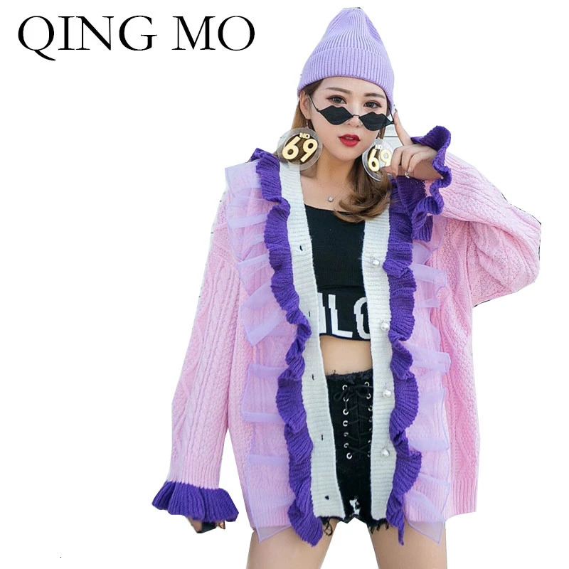 Женский вязаный свитер QING MO розовый с расклешенными рукавами и оборками осень 2019|
