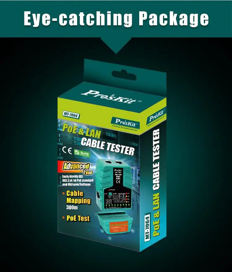 Тестер кабеля Pro'sKit 2 в 1 MT-7064 PoE и LAN для тестера RJ11/RJ12/RJ45 PoE-IEEE 802 3 af/at standard Midspan/Endspan |