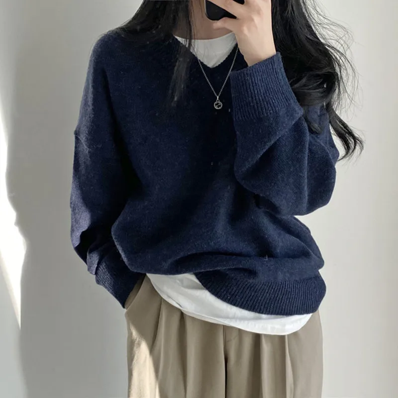 

Alien Kitty 2021 New Autumn Women Sweater V-Neck Knitted Solid Color Loose Vintage Minimalist Fashion Basic All-Match Pullover
