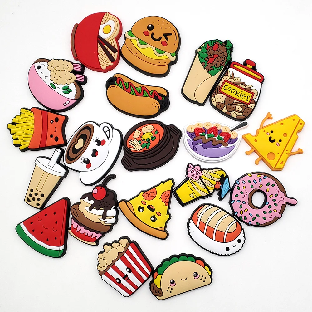New arrival 1pcs Cute Food series PVC Shoe Charms Cartoon hamburger Shoe Aceessories Fit Women croc clogs kids X-mas Gifts jibz