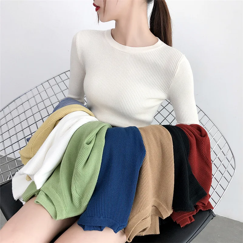 Candy Color 2019 Autumn and Winter New Women's Slim Slimming Elegant Long Sleeve O Neck Shirt Sweater | Женская одежда