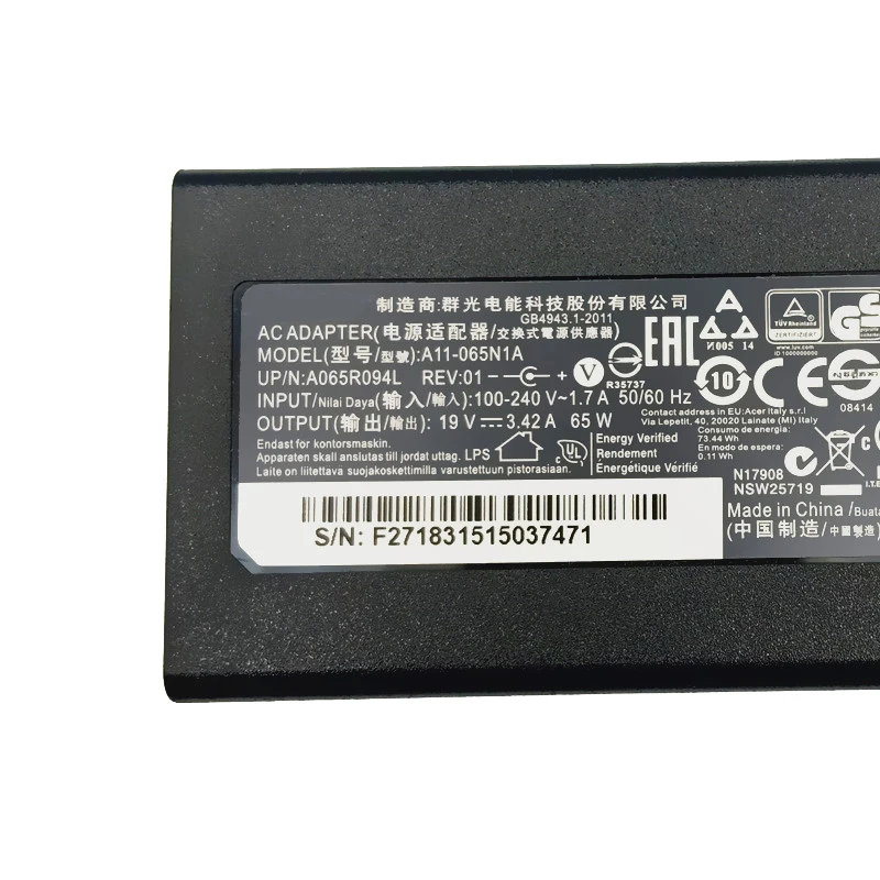Оригинальный 19V 3.42A 65W адаптер переменного тока зарядное устройство для Acer Aspire 5315