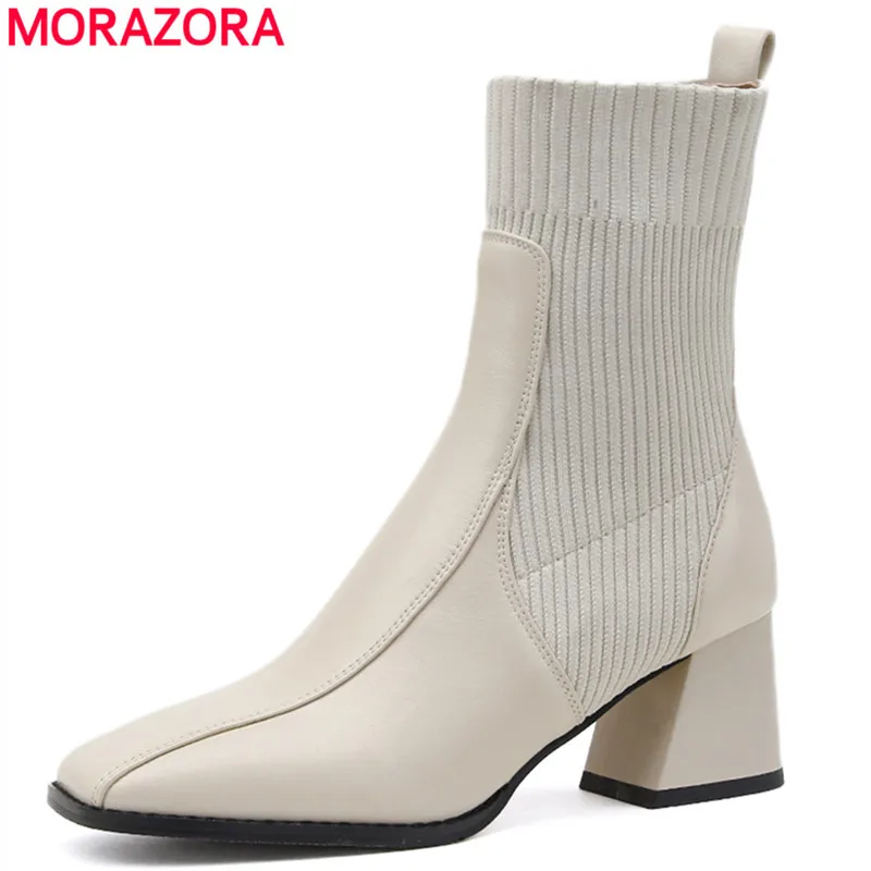 

MORAZORA Size 34-43 Genuine leather boots women square high heels autumn winter ankle boots for women fashion shoes