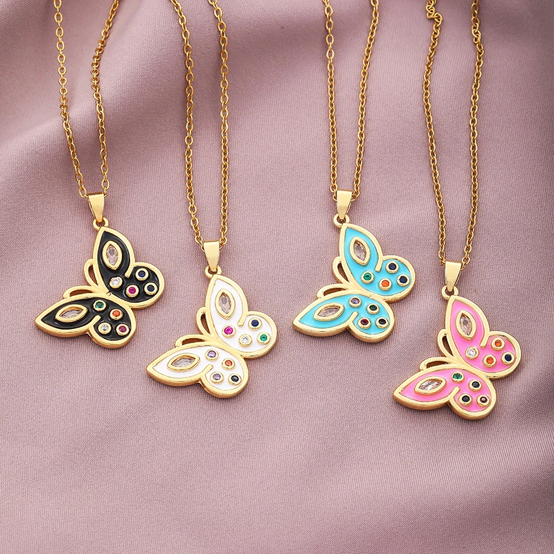 

Cute Enamel Butterfly With Zircon Pendant Necklace Titanium Steel Chain for Women Girls Birthday Gifts Quality Necklace 2021