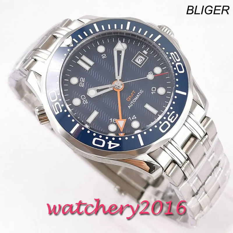 

Часы наручные мужские с синим циферблатом GMT сапфировые, 41 мм