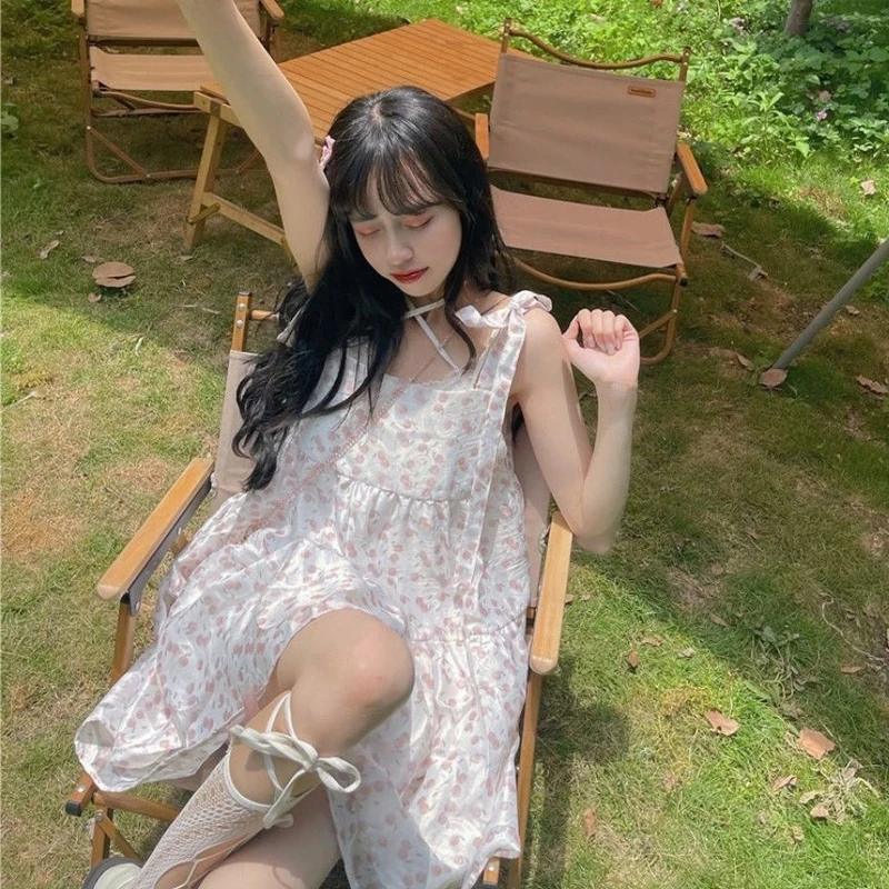 

Summer One-Piece Korean Sweet Soft Girl Spaghetti Strap Floral Print Mori Girl Fairy Dress Vintage Cute Women Dress Vestidos New