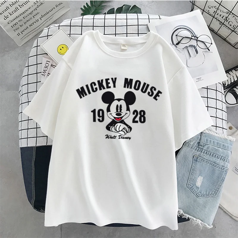 

Disney Ladies Cotton T-shirt Harajuku Cute Mickey Mouse Cartoon Print Pullover Graphic Top Shirt High Quality Streetwear