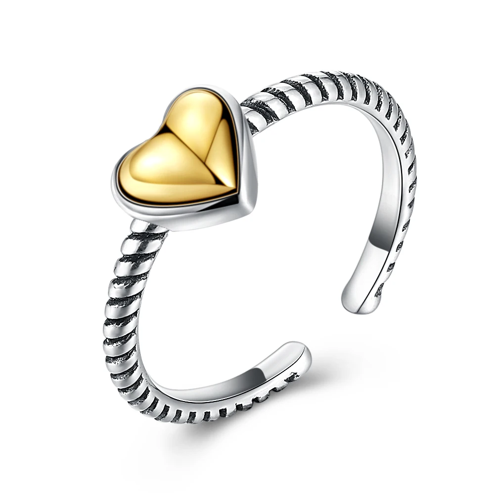 

ZEMIOR 925 Sterling Silver Golden Heart Rings For Women Open Adjustable Ring Vintage Style Jewelry Romantic Anniversary Gift