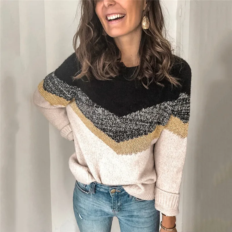 

Свитеры, Зимние Теплые Топы, новинка 2020, Женская водолазка с длинным рукавом, полосатый лоскутный Свободный Повседневный пуловер, свитер же...