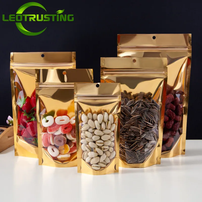 

100pcs Stand up Resealable Clear Front Gold Zipper Packaging Bag Handmade Snack Corn Coffee Chocolate Dry Fruit Gifts Pouches