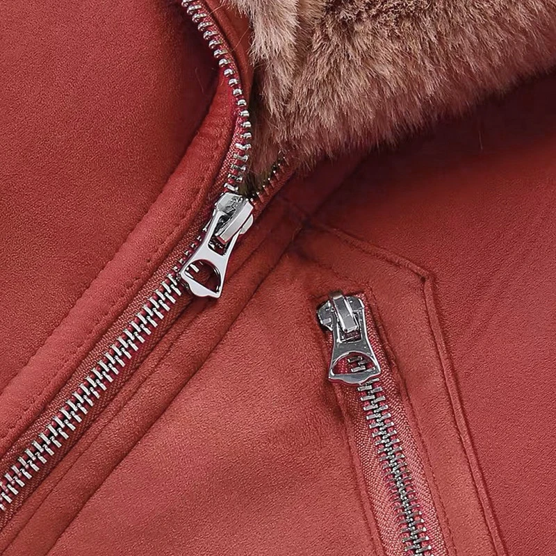 

Winter Sheepskin Coats Deerskin Lamb Wool Jacket Women Warm Cloth Turn-down Collar Pocket Zipper with Belt Casual Leather Coat