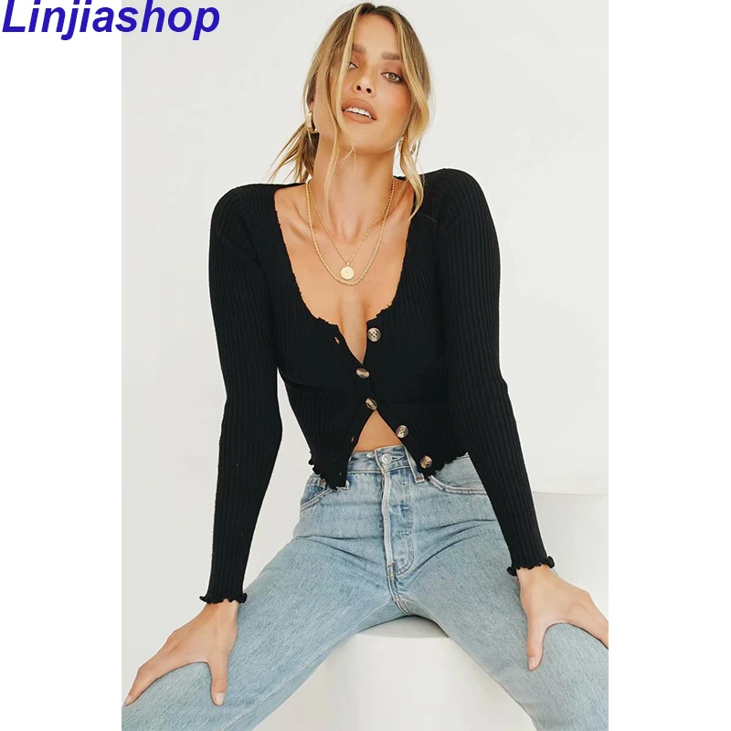 

Cropped Cardigan Sweater Women Buttoned V Neck Long Sleeve Ribbed Knit Crop Top Cardigans Frill Edged Slim Sexy Black Sweaters