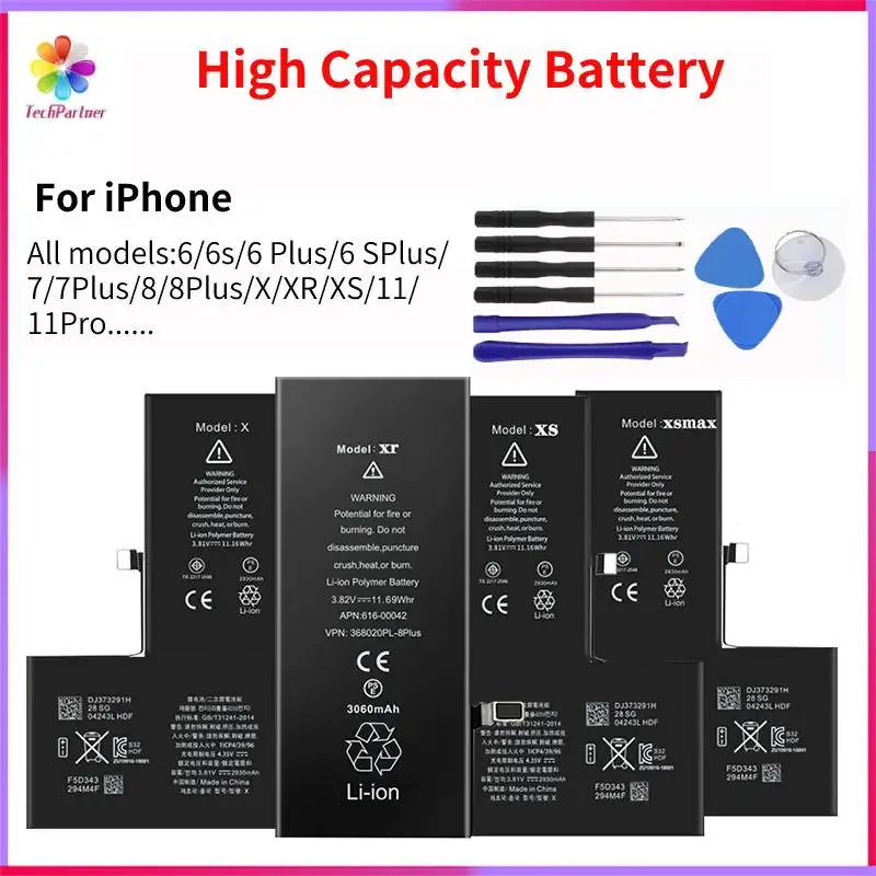 

High Capacity Phone Battery For Apple 6S 6 6Plus 7 8 Plus X Xr Xs Max Replacement Bateria For iPhone 11 Pro Batteries With Tools