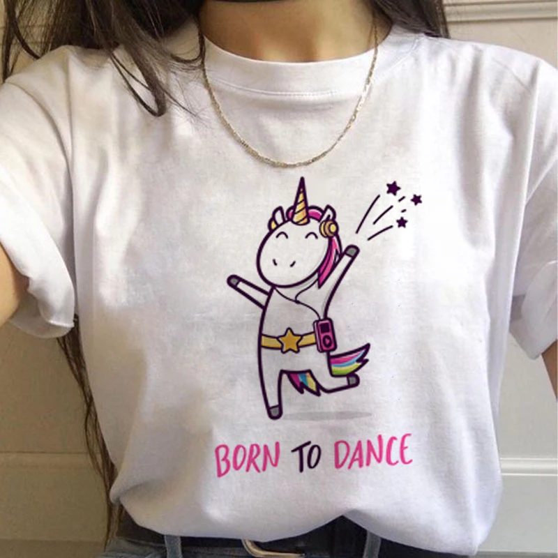 Единорог Kawaii Harajuku футболки женские милые Unicornio Ullzang мультфильм футболка 90s Забавный принт футболки с графическим изображением женские - Цвет: 7550