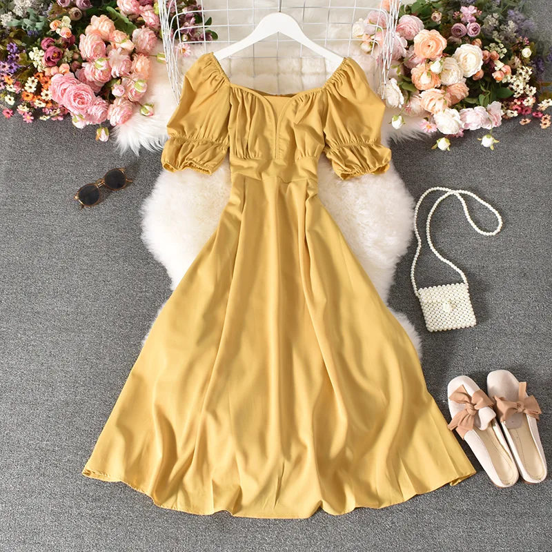 

Yellow Summer Dress Women Vintage Square Collar Off Shoulder Dresses Puff Short Sleeve Slim Party Mid-calf Dress Vestidos Mujer