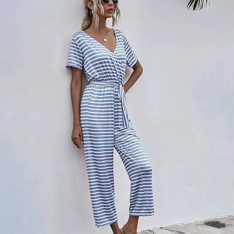 

V Neck Stripe Bandage High Waist Elegant Mid Calf Length Rompers Women Casual Streetwear Wide Leg Straight Jumpsuits