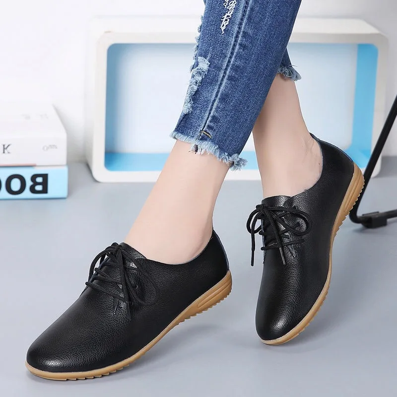 

Popular Large Size Genuine Leather Shoes Korean Style Flat White Shoes for Students round Head Leisure Pumps Women's Fashion