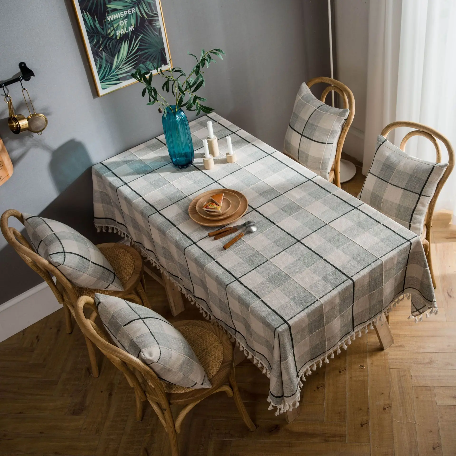 

Grey Plaid Embroidered Tassel Tablecloth Cotton and Linen American Great Wall Rectangular Coffee Table Decor Aesthetic