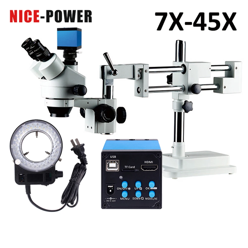 Nice power 16MP HDMI 7X 45X Simul Focal двойной стреловой стенд Тринокулярный Стерео Зум