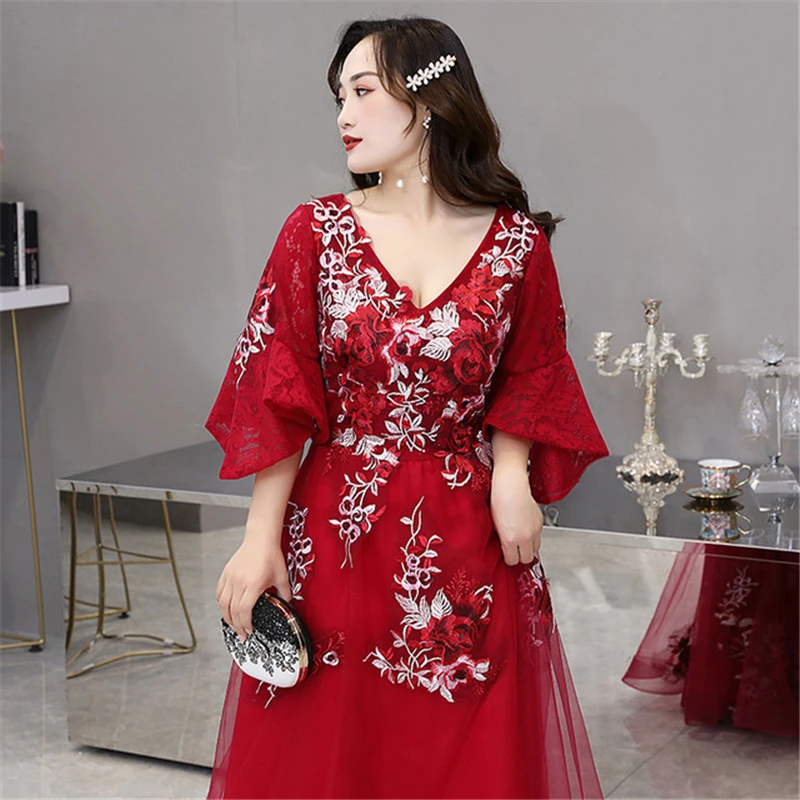 

Plus Size applique Evening Dresses Long Ever Pretty A-Line V-Neck Tulle Elegant Formal Evening Gowns Vestido robe Flared sleeves