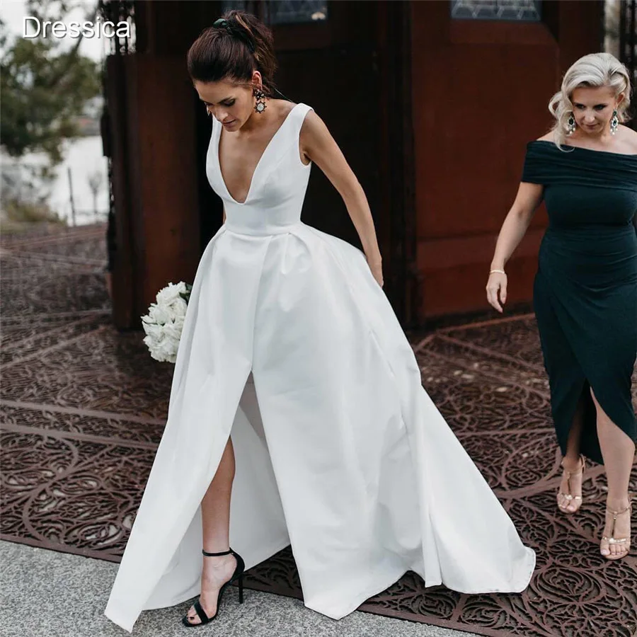 

V Neck Satin Wedding Dress with Split Plunging Neckline Unique Bridal Gown Custom Make