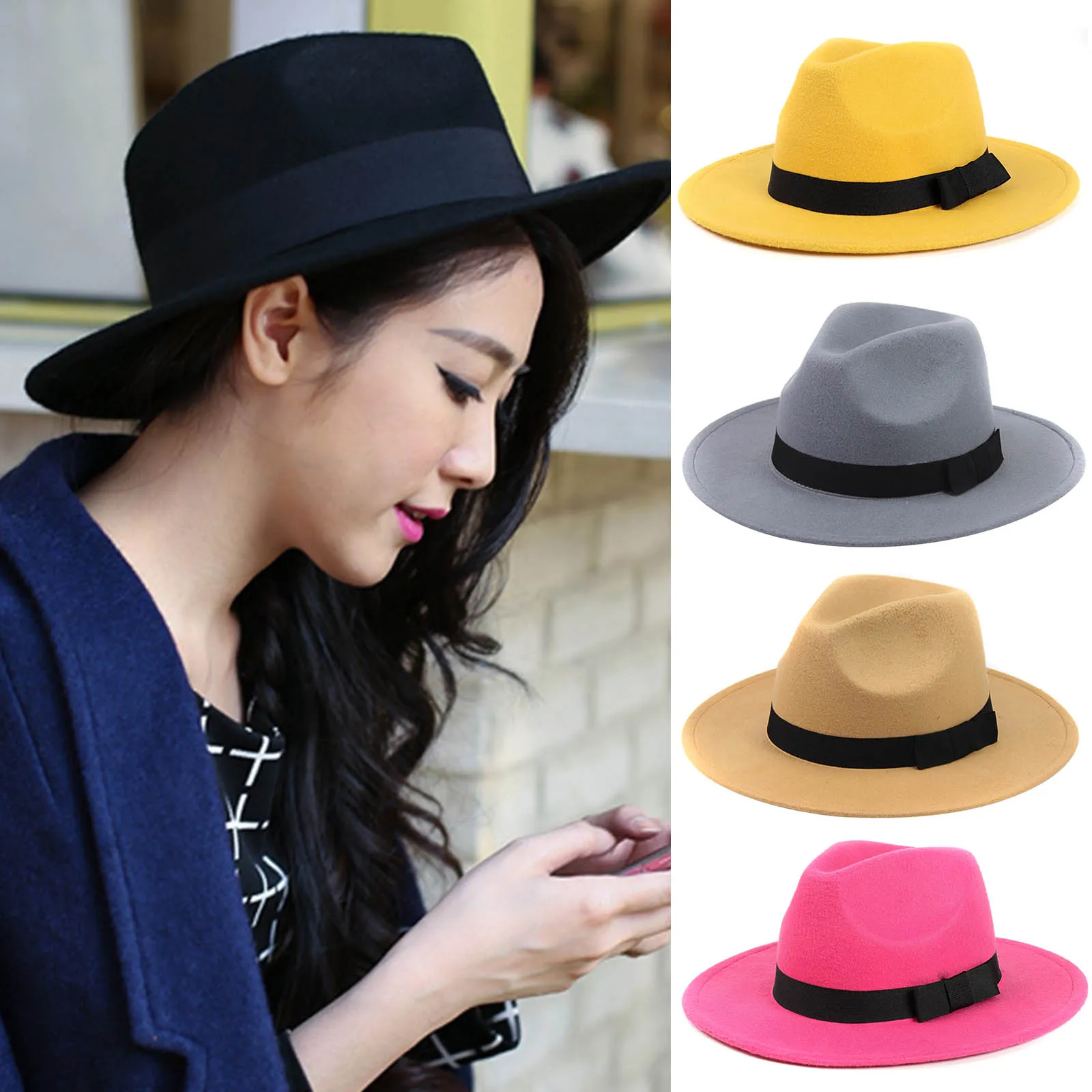 

Women's Stylish Top Hat Crushable Wool Felt Outback Hat British Style Headgear Wide Brim Belt Cap TC21
