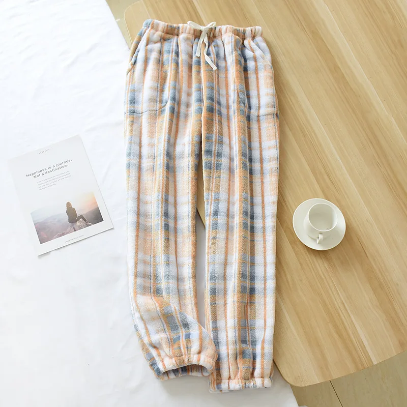 Fdfklak Japanese Style Plaid Women's Household Pants Fleece Loose Warm Sleepwear Home Pant Casual Pajamas Trousers M-2XL