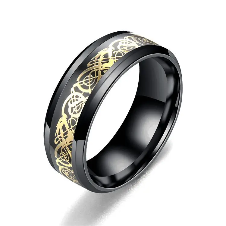 AsJerlya Men Ring Jewelry Red Blue Black Dragon Inlay Comfort Fit Stainless Steel Rings For Men Wedding Ring Wide 8mm images - 6