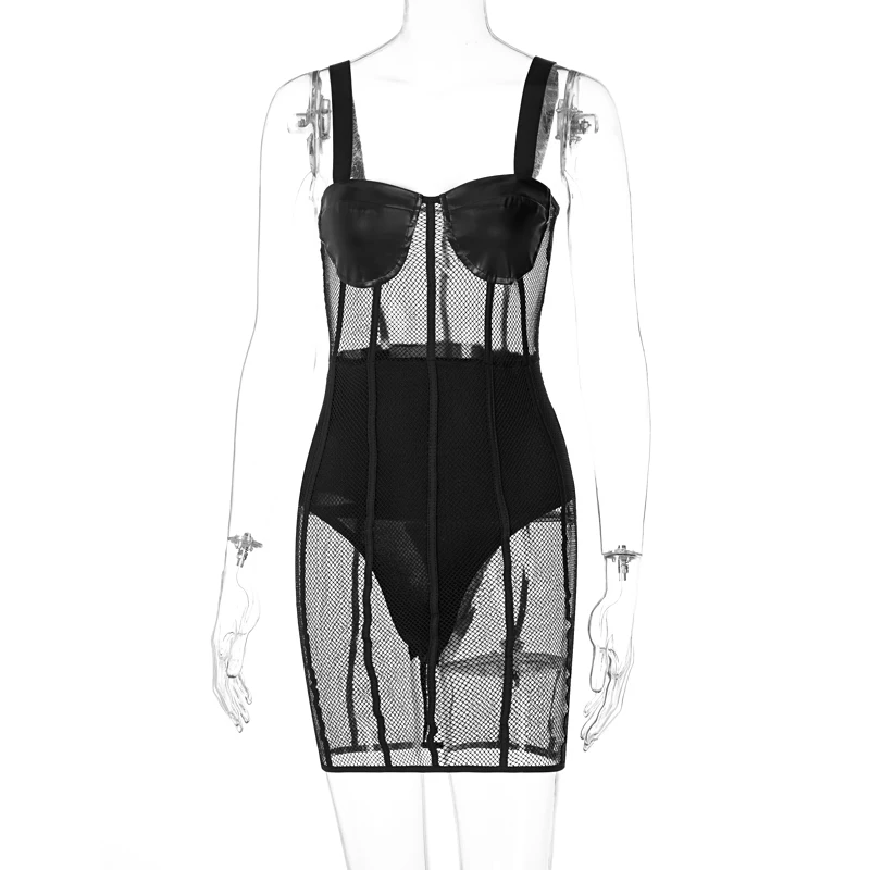 

hirigin Fishnet Leather Patchwork Stripe Women Strap Mini Dress See Through Sheer Bodycon Sexy Streetwear Party Club 2021 Summer