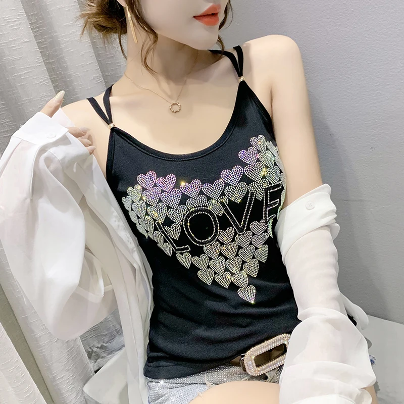 

Diamonds Sling Summer New Sexy Double-Layer Gauze Weight Process Hot Drilling Sleeveless Blouse Joker Cultivate One'S Morality