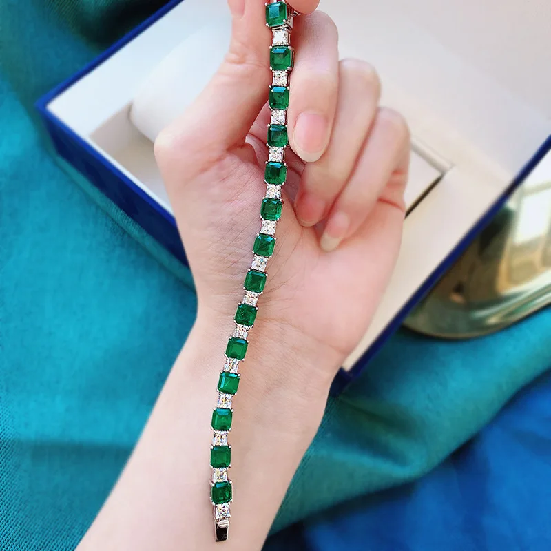 PANSYSEN Vintage Solid 925 Sterling Silver 7MM Emerald Simulated Moissanite Diamond Charm Women Bracelet Fine Jewelry Wholesale