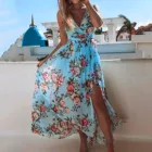 Женское платье в стиле бохо, голубое длинное платье макси с цветочным принтом и глубоким V-образным вырезом, Летний Пляжный вечерний сарафан, платья без рукавов
