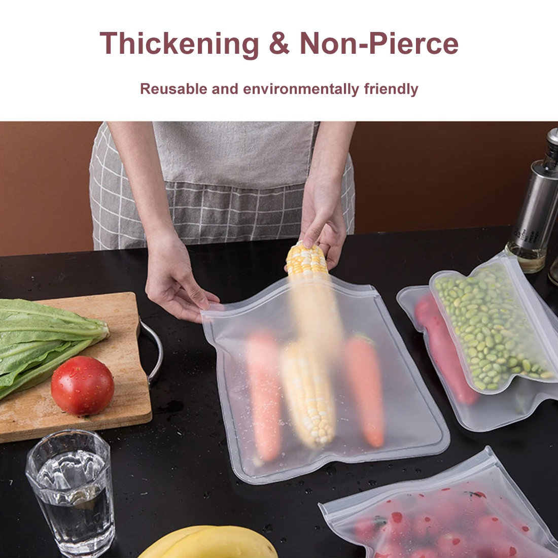 

12Pcs/Set Silicone Food Bag PEVA Silicone Food Fresh-keeping Bag Reusable Freezer Bag Zipper Leakproof Top Frosted Fruits Bag