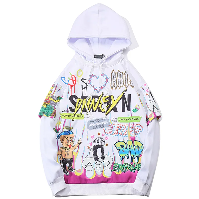 white Aolamegs Hoodies Men Hip Hop Letter Print Men Pullover Cartoon Oversize Style Hooded Sweatshirt Lover High Street Streetwear - Цвет: white
