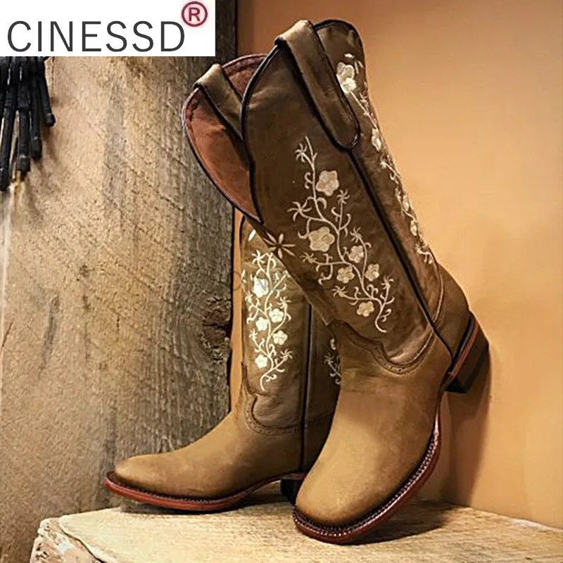 

Woman Embroidery Boots Mild-Calf Boots Female Casual Low Heels Boots Vintage West Cowboy Autumn Winter Leather Shoes Women's