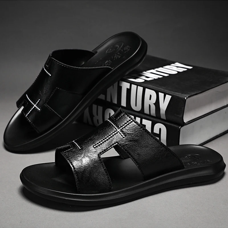 Мужские сандалии на плоской подошве мягкие дышащие кожаные Повседневная пляжная