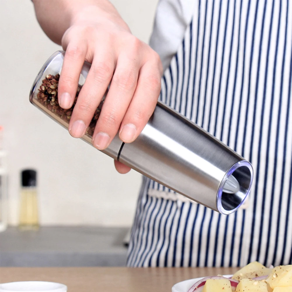

2022 Automatic Salt Pepper Mill Grinder LED Electric Stainless Steel Light Gravity Operated Mills Spice Tools Set for Cooking