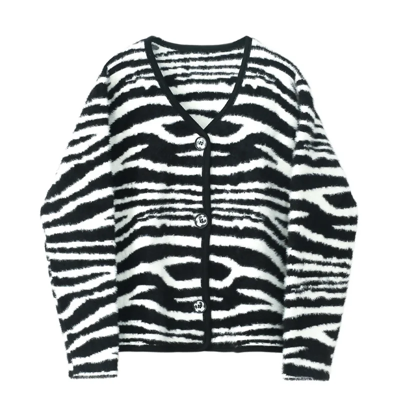 

Осенний свитер кардиган, женское платье с v-образным воротом, повседневные Crdigans Женский пирсинг в виде зебры, свободные трикотажные вычурны...