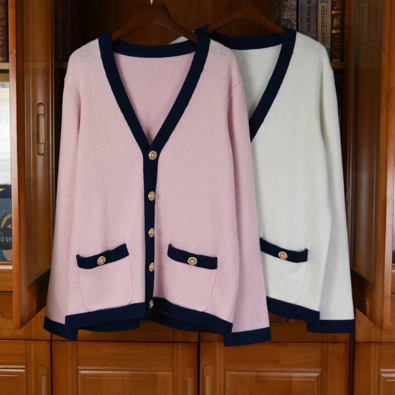 

Весенние женские вязаные куртки из высококачественной шерсти 2021 винтажные кардиганы из 100% кашемира с V-образным вырезом C825