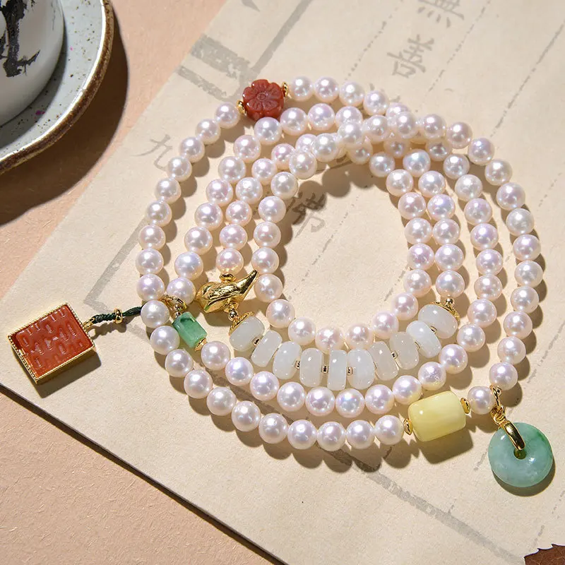 

S925 sterling silver gold plated southern red agate jadeite jade beeswax Pearl vintage plum blossom double happiness bracelet