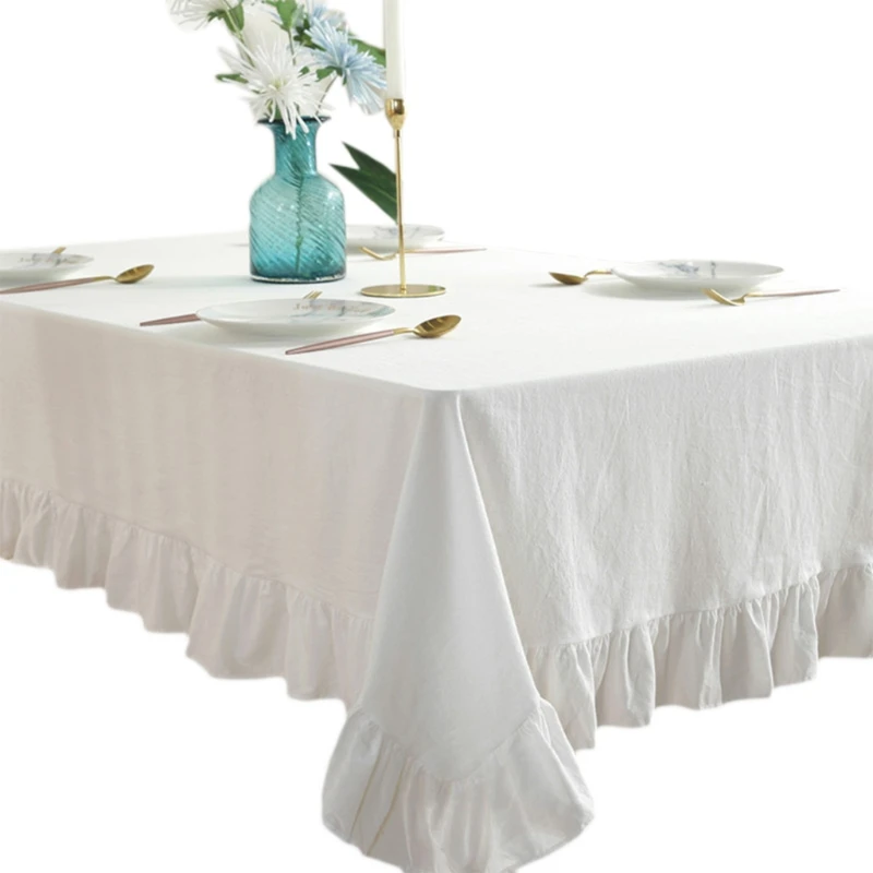 

Rustic Vintage Flounces Ruffle Trim Tablecloth Washable Cotton Linen Rectangular Table Cover for Kitchen Farmhouse