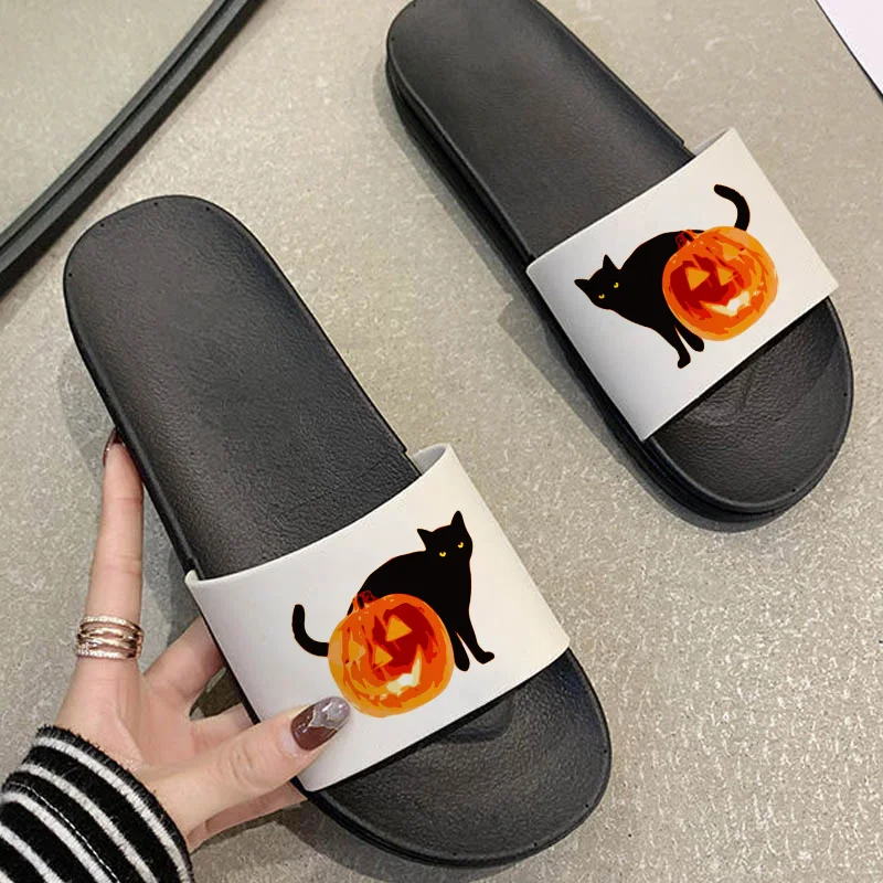 

2021 Women Slippers Halloween cute pumpkin black cat print slippers Outdoor Flip Flops Summer Beach Fashion Open Toe Slides