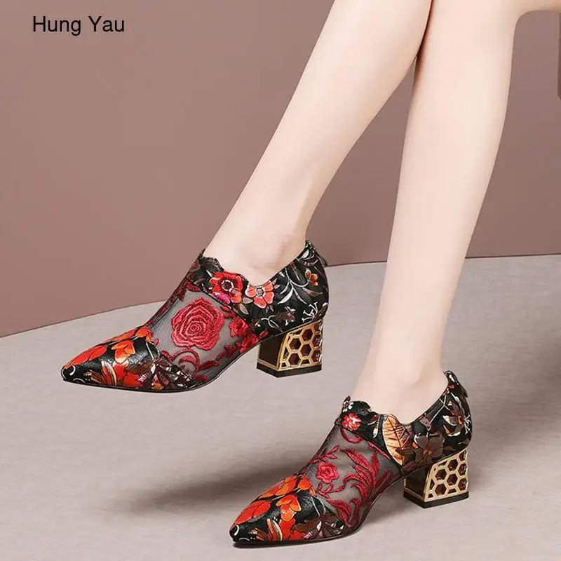 

Square Mid Heels Woman Spring Mesh Shoes Pointed Toe Embroidery Flower Ethnic Hand Made Female Footware Red Blue Size 35-40